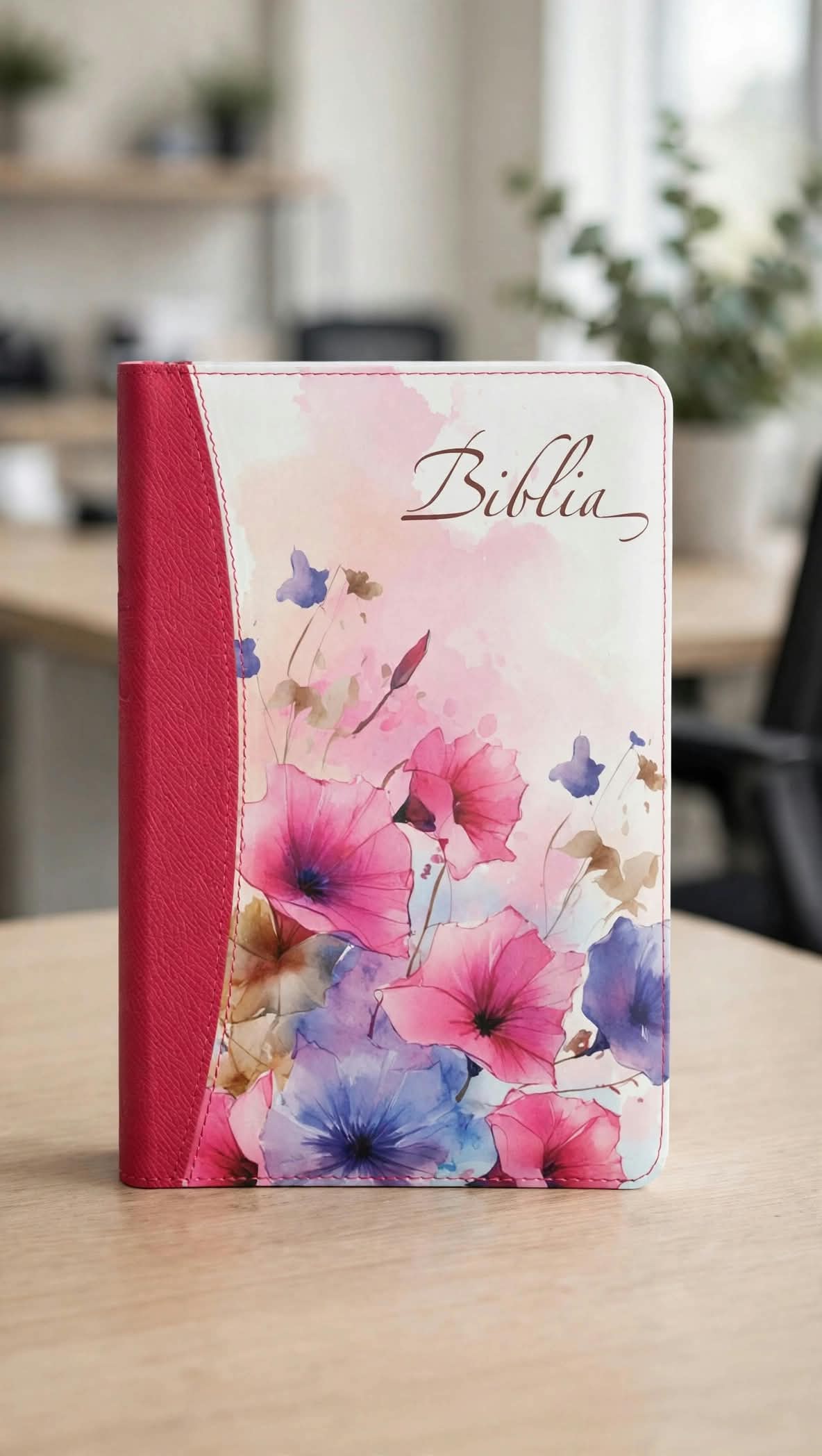 Biblia, mărime medie, piele ecologică, model alb cu roz floral, fermoar, index, margini albe, cuv. lui Isus cu roșu